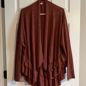 easel Rust Open-Front Ruffle Hem Cardigan